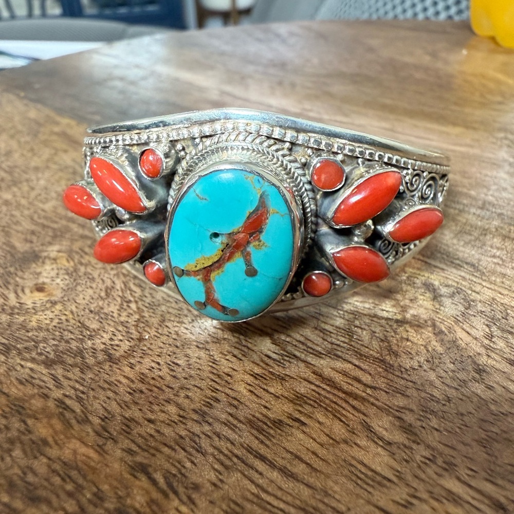 Sterling Silver Turquoise & Coral Cuff Bracelet